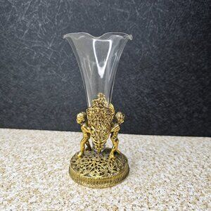 1950s Small Glass Trumpet Vase w 24k Gold-plated Filigree Cherub Base Holder